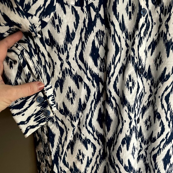 Athleta Printed Kaftan Shirt Dress Tunic Navy Blue White Ikat Medium Cover Up - Picture 14 of 16